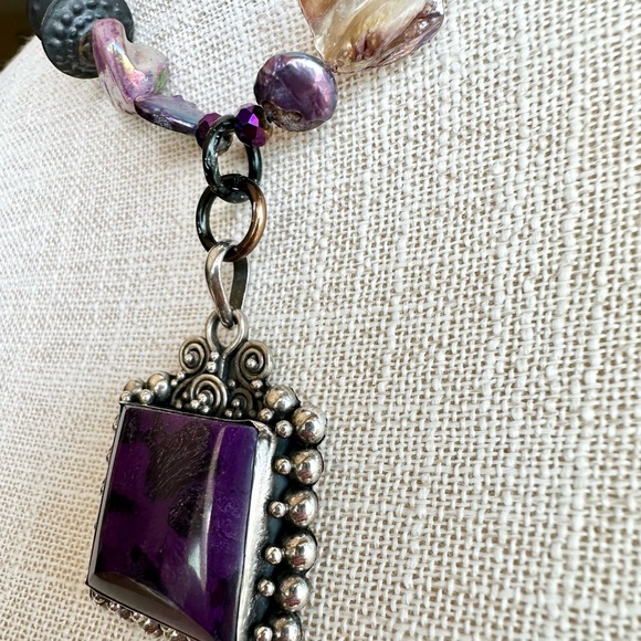 Purple Agate pendant sterling silver necklace African trade brass beads abalone - Picture 6 of 10